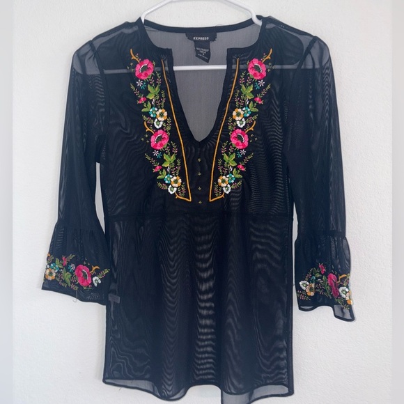 Express Embroidered Mesh Flutter Sleeve Blouse - Picture 8 of 10